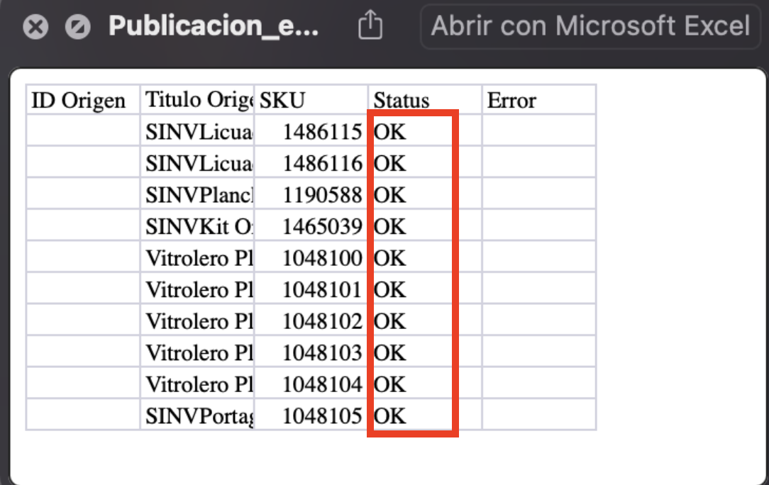 Archivo XLS - Status de Importación