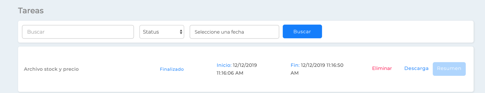 Pantalla de Tareas para descargar el archivo de stock y precio