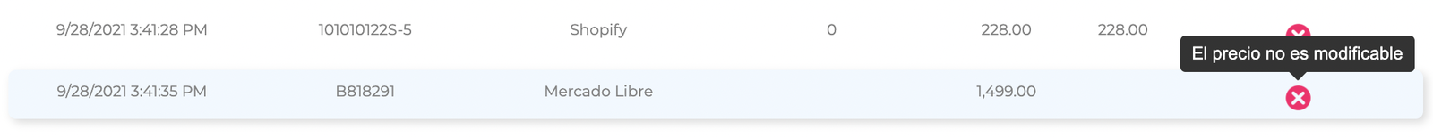 Error en la actualización porque el precio no es modificable debido a que se encuentra en oferta.