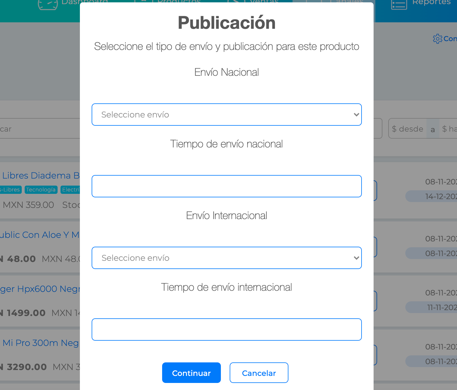 Selección de envíos en Wish: Nacional/Internacional